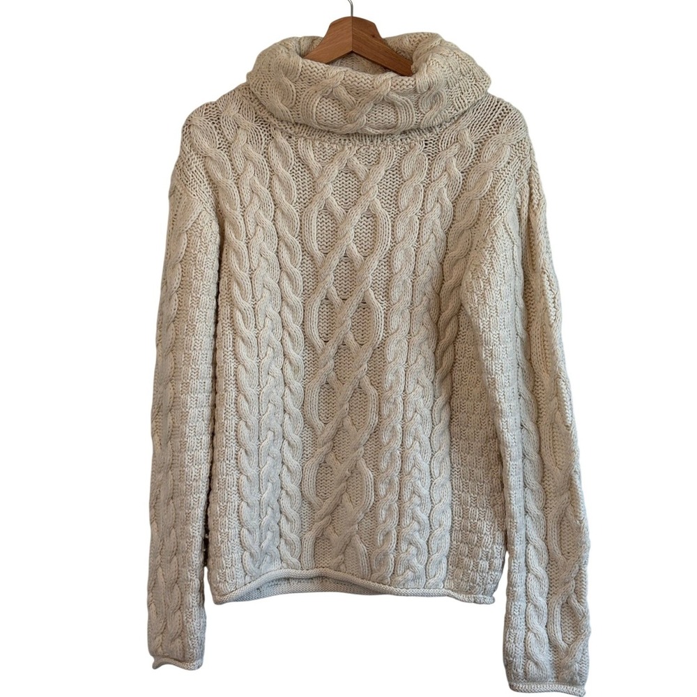Aran Crafts Cowl Neck Turtleneck Sweater Cream 100% Merino Wool Cable Knit